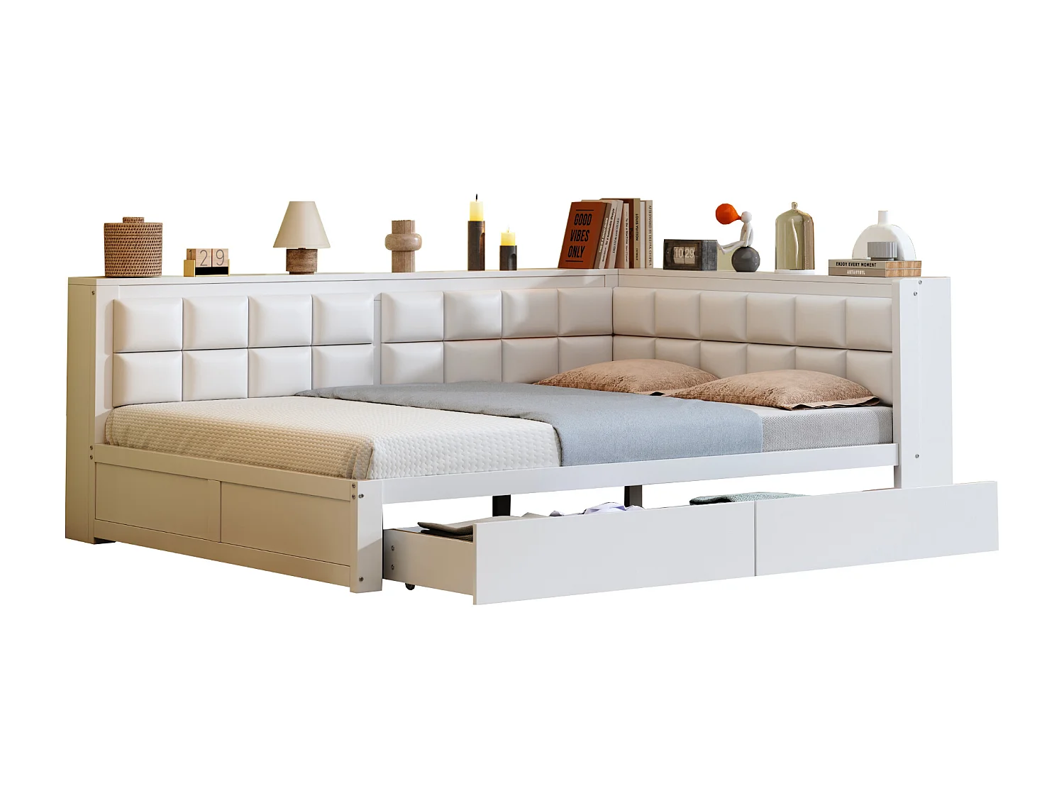 Divano letto 140×200 cm - con schienale imbottito - con 2 cassetti - con rete a doghe - bianco (materasso non incluso)