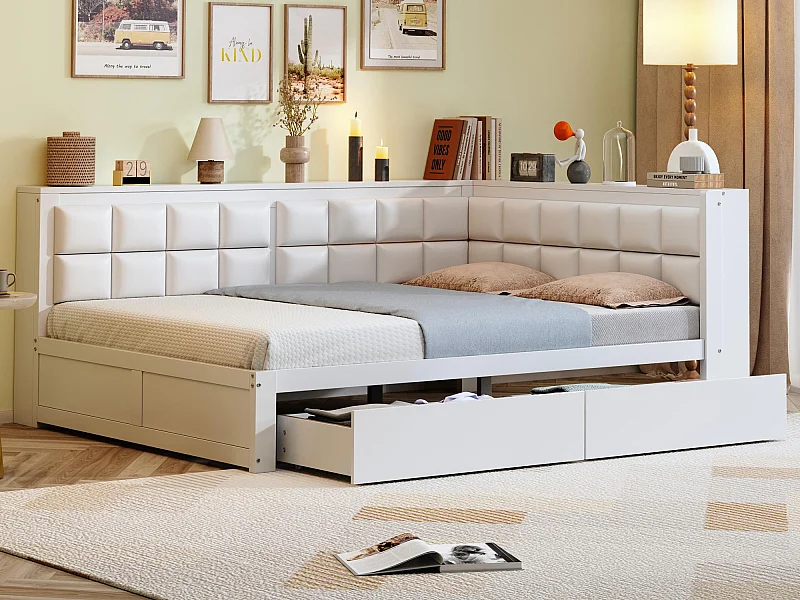 Schlafsofa 140×200 cm - mit gepolstertem Rücken - mit 2 Schubladen - mit Lattenrost - weiß (Matratze nicht inbegriffen)