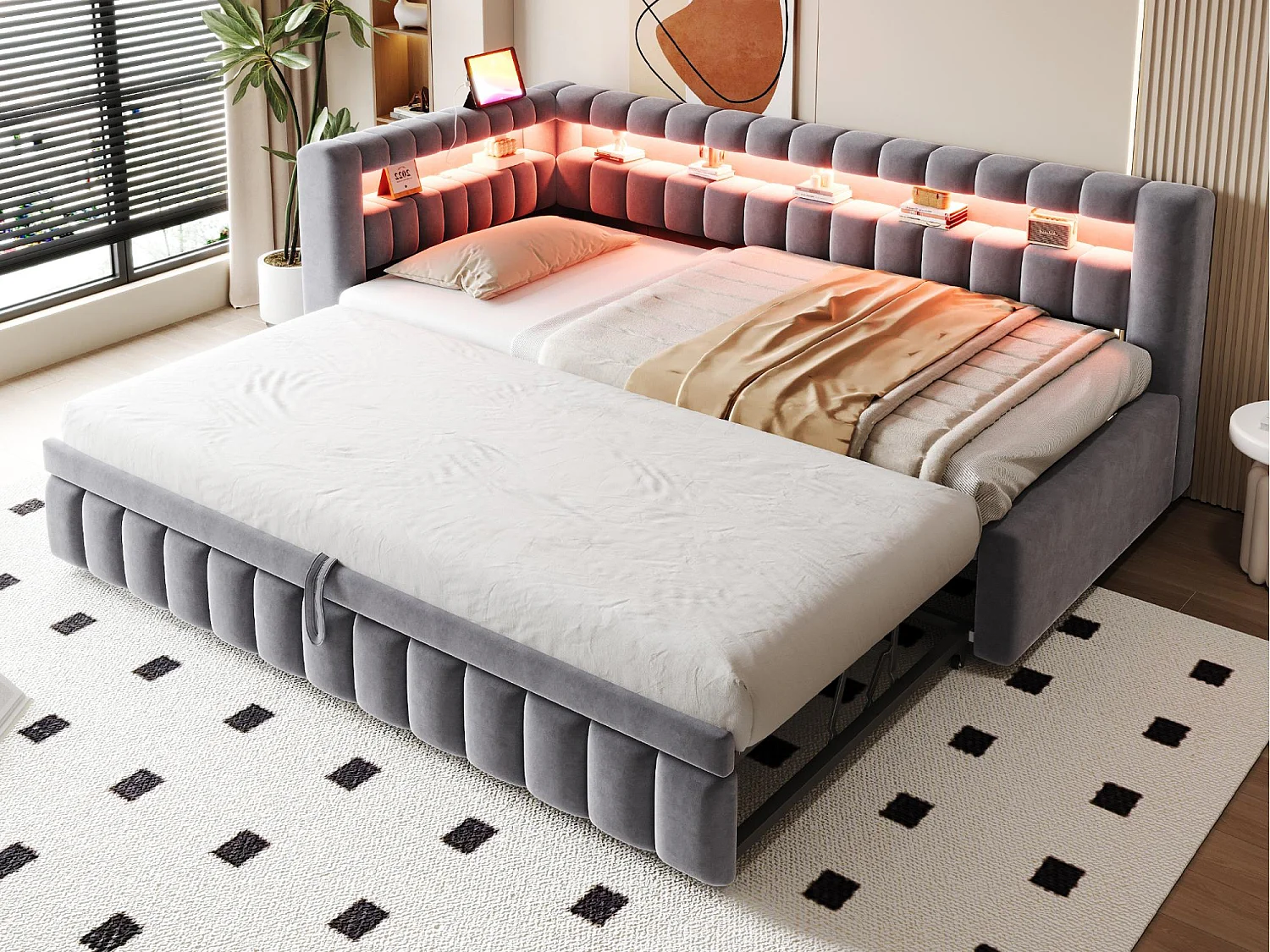 Sofá-cama acolchoado 90×200 cm - com iluminação LED - com porta de carregamento USB - cama extra - tecido veludo - cinza (colchão não incluído)