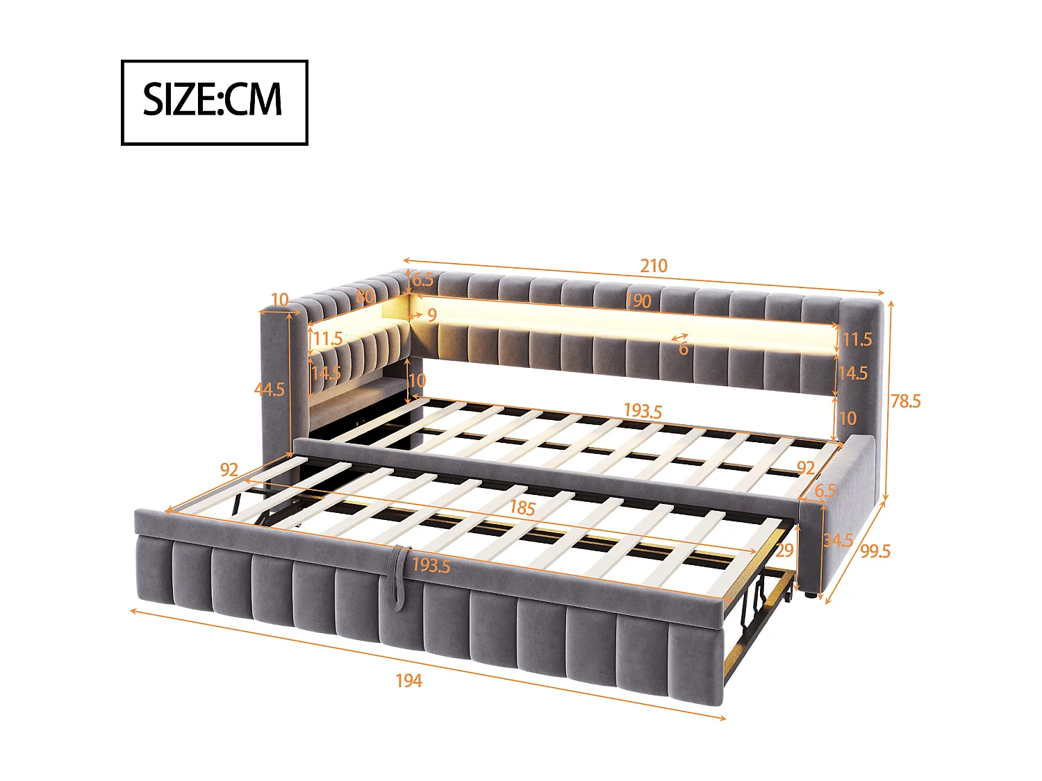 Sofá-cama acolchoado 90×200 cm - com iluminação LED - com porta de carregamento USB - cama extra - tecido veludo - cinza (colchão não incluído)