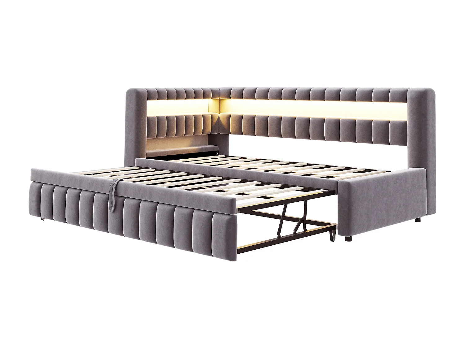 Sofá-cama acolchoado 90×200 cm - com iluminação LED - com porta de carregamento USB - cama extra - tecido veludo - cinza (colchão não incluído)