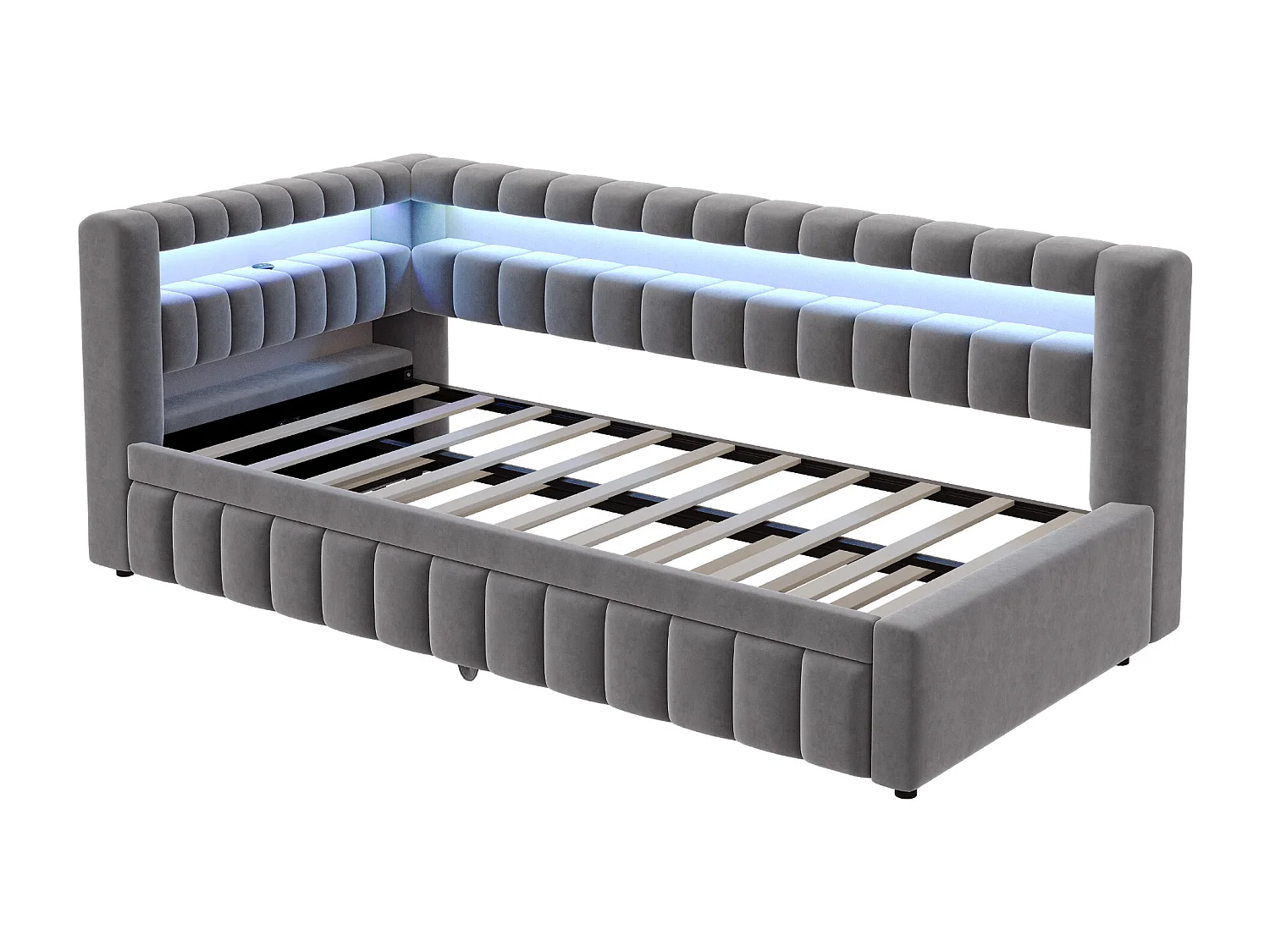 Sofá-cama acolchoado 90×200 cm - com iluminação LED - com porta de carregamento USB - cama extra - tecido veludo - cinza (colchão não incluído)