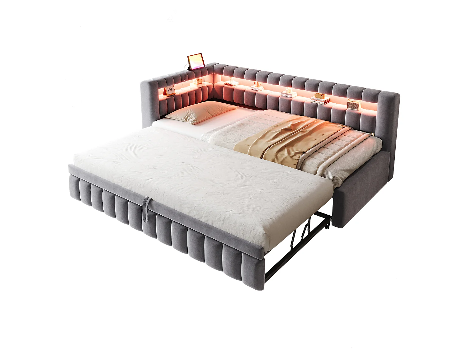 Klädd bäddsoffa 90x200 cm - med LED-belysning - med USB-laddningsport - utdragbar säng - sammetstyg - grå (madrass ingår ej)