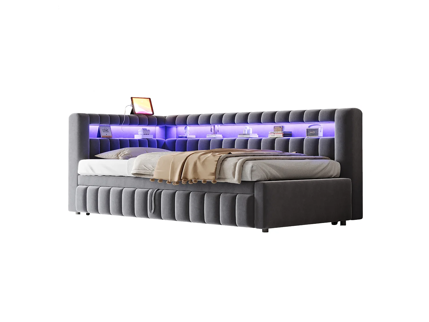 Klädd bäddsoffa 90x200 cm - med LED-belysning - med USB-laddningsport - utdragbar säng - sammetstyg - grå (madrass ingår ej)