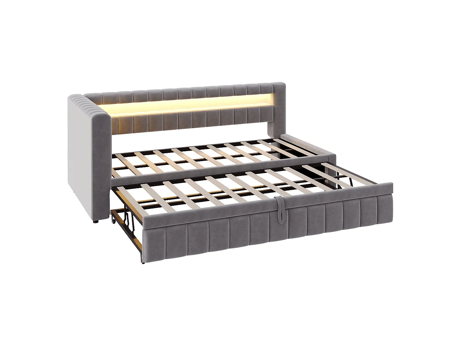 Klädd bäddsoffa 90x200 cm - med LED-belysning - med USB-laddningsport - utdragbar säng - sammetstyg - grå (madrass ingår ej)