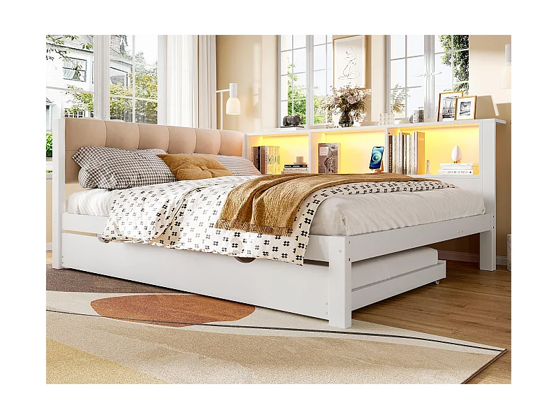 Schlafsofa 140×200 cm - mit Ausziehbett - mit LED-Lichtleiste - mit USB-Anschluss - weiß (Matratze nicht inbegriffen)