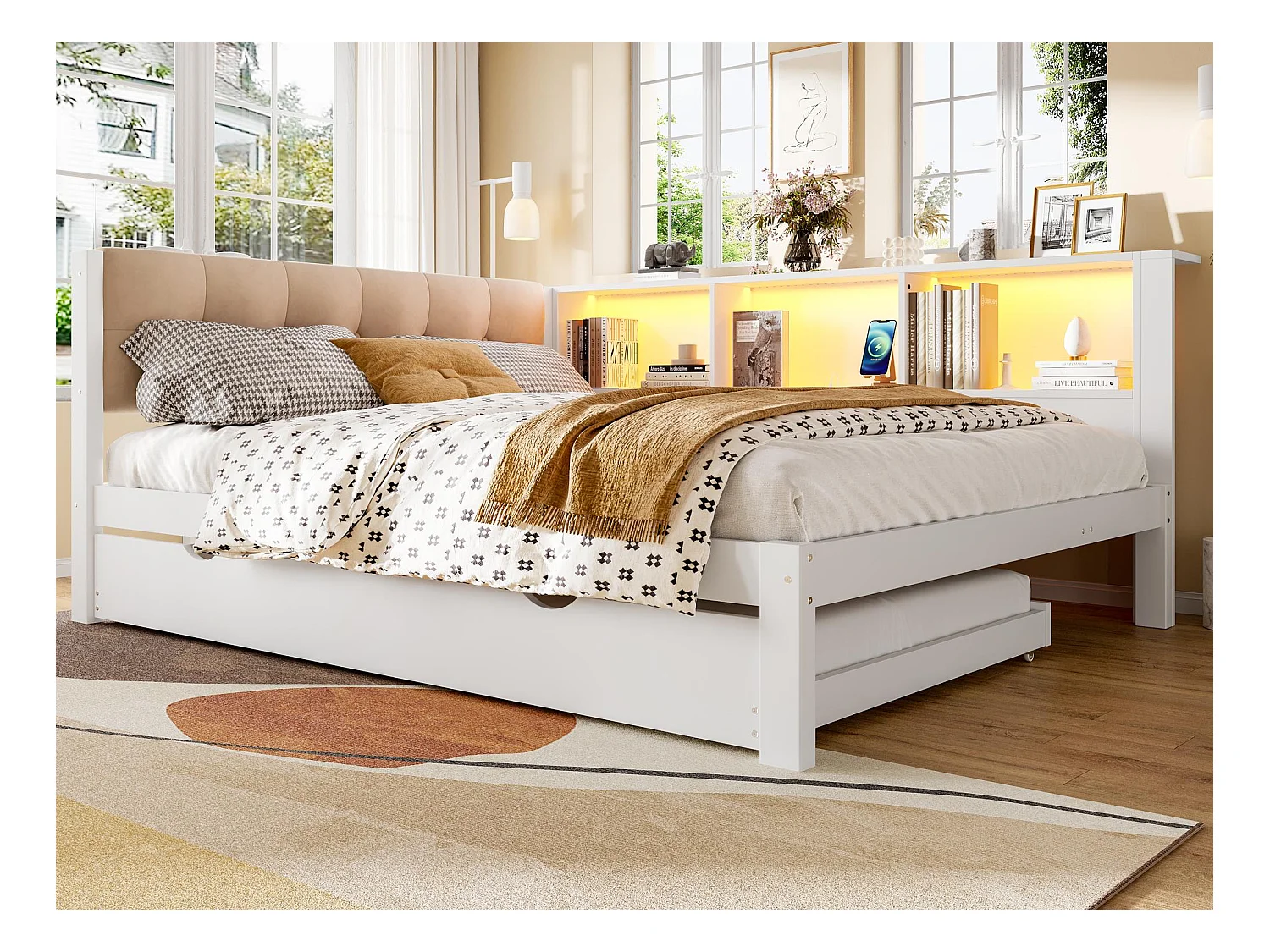 Canapé-lit 140x200 cm - avec lit gigogne - avec bande lumineuse LED - avec port USB - blanc (matelas non inclus)