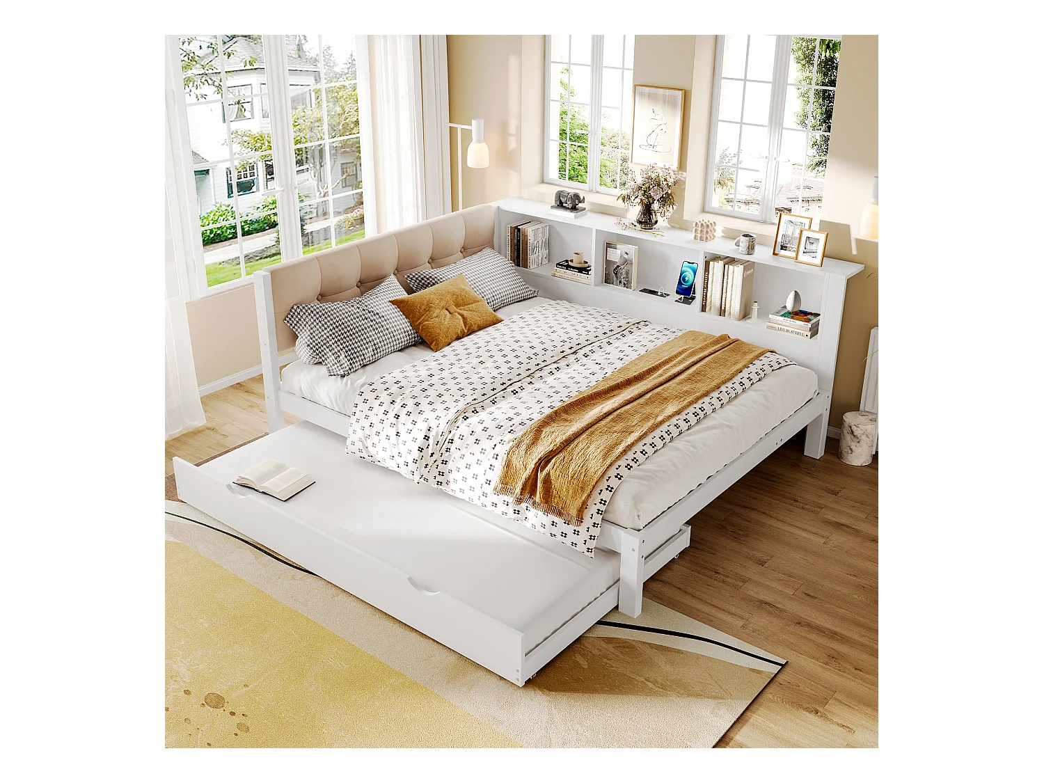 Canapé-lit 140x200 cm - avec lit gigogne - avec bande lumineuse LED - avec port USB - blanc (matelas non inclus)