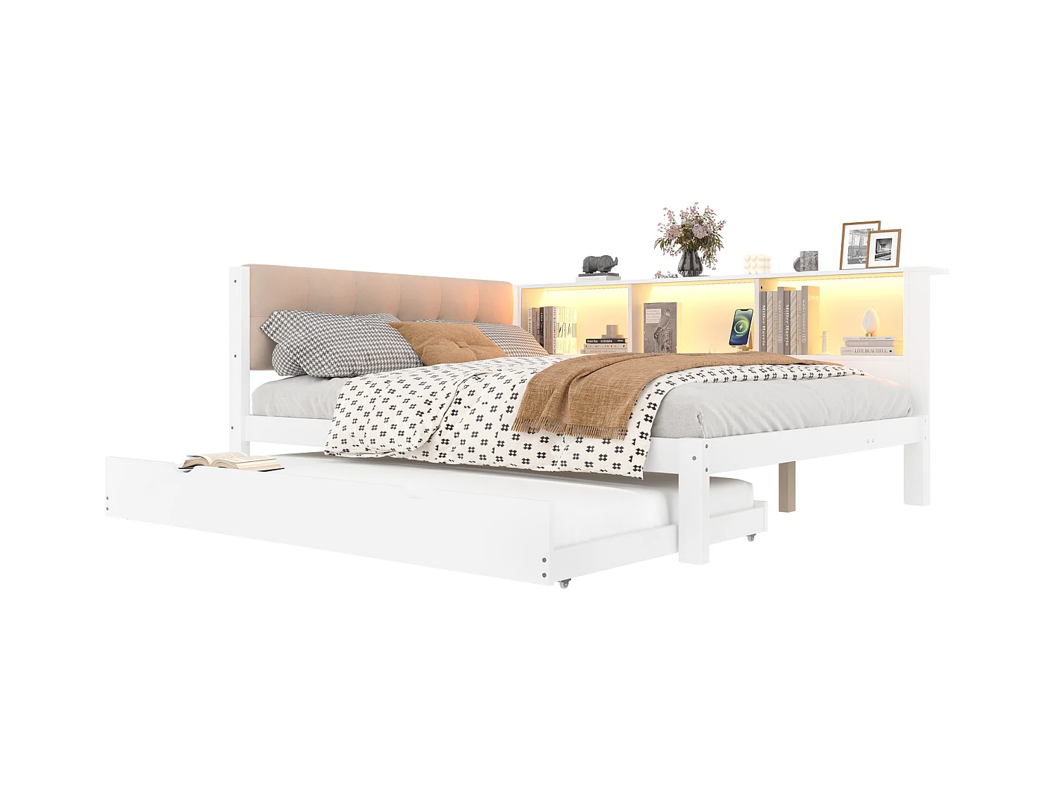 Canapé-lit 140x200 cm - avec lit gigogne - avec bande lumineuse LED - avec port USB - blanc (matelas non inclus)