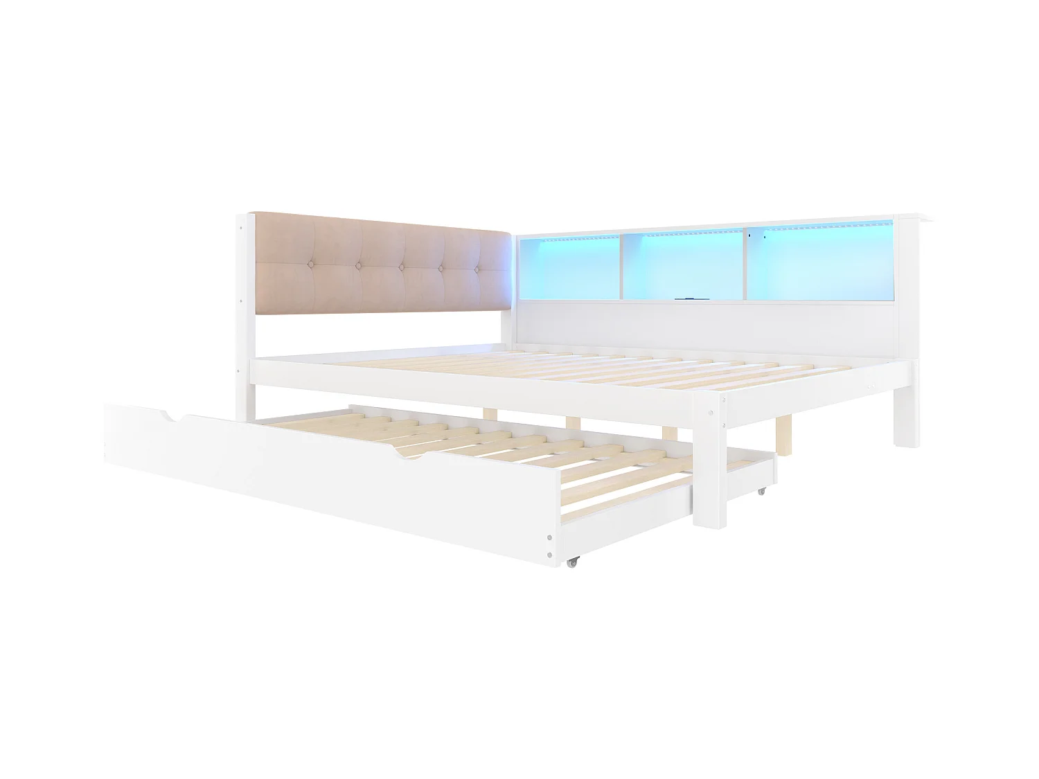 Canapé-lit 140x200 cm - avec lit gigogne - avec bande lumineuse LED - avec port USB - blanc (matelas non inclus)