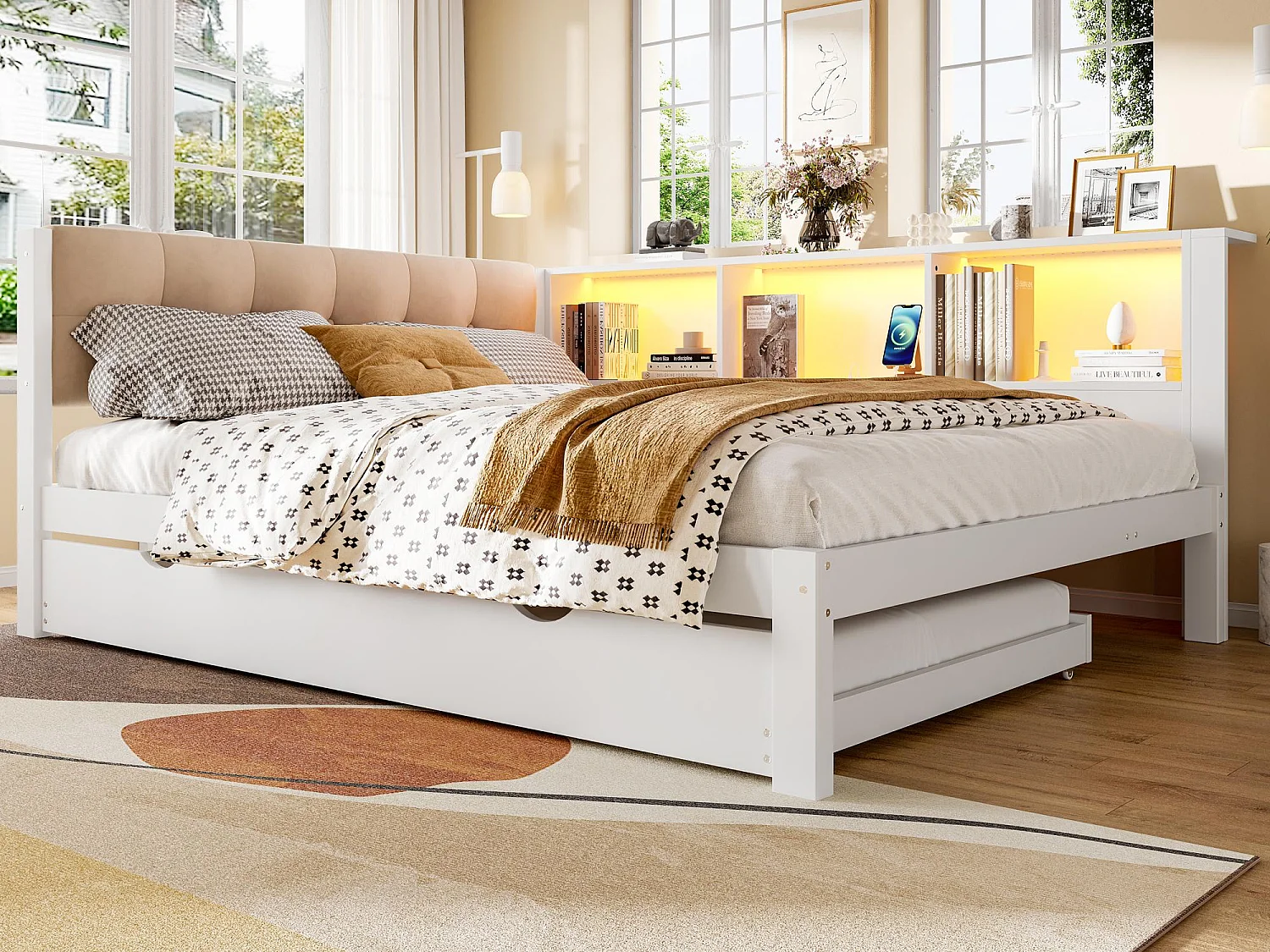 Canapé-lit 140x200 cm - avec lit gigogne - avec bande lumineuse LED - avec port USB - blanc (matelas non inclus)