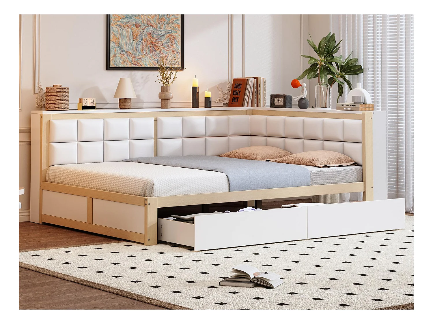 Canapé-lit 140x200 cm - avec dossier moelleux - avec 2 tiroirs - avec sommier à lattes - blanc + naturel (matelas non inclus)