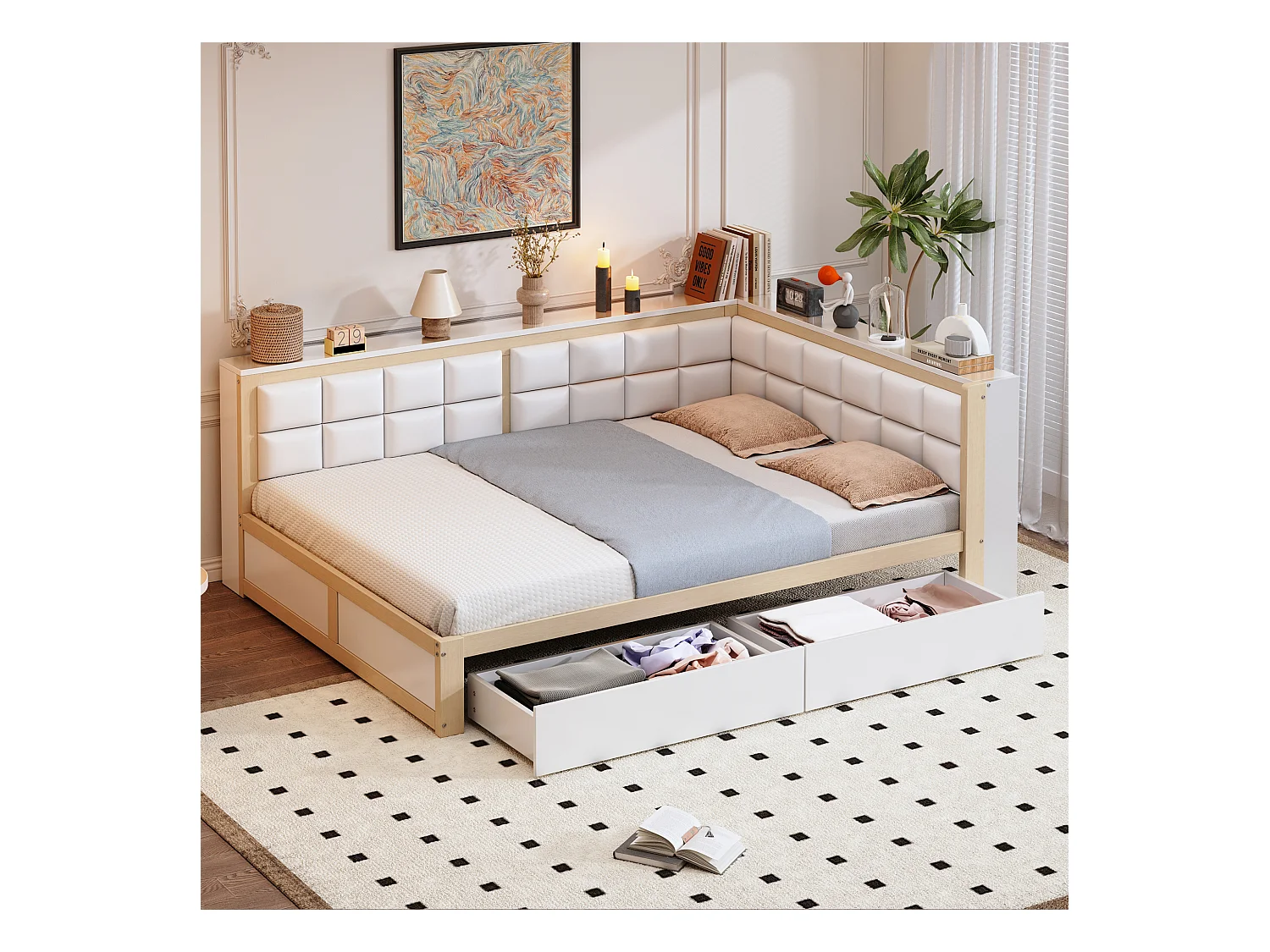 Canapé-lit 140x200 cm - avec dossier moelleux - avec 2 tiroirs - avec sommier à lattes - blanc + naturel (matelas non inclus)