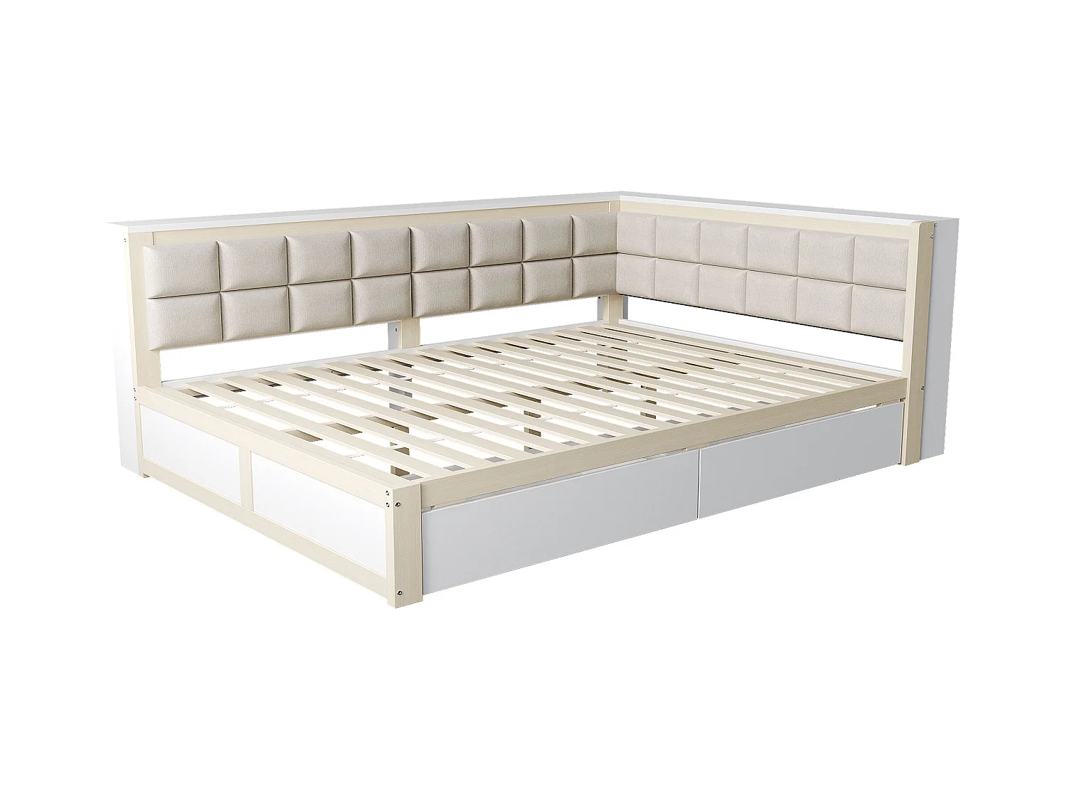 Canapé-lit 140x200 cm - avec dossier moelleux - avec 2 tiroirs - avec sommier à lattes - blanc + naturel (matelas non inclus)