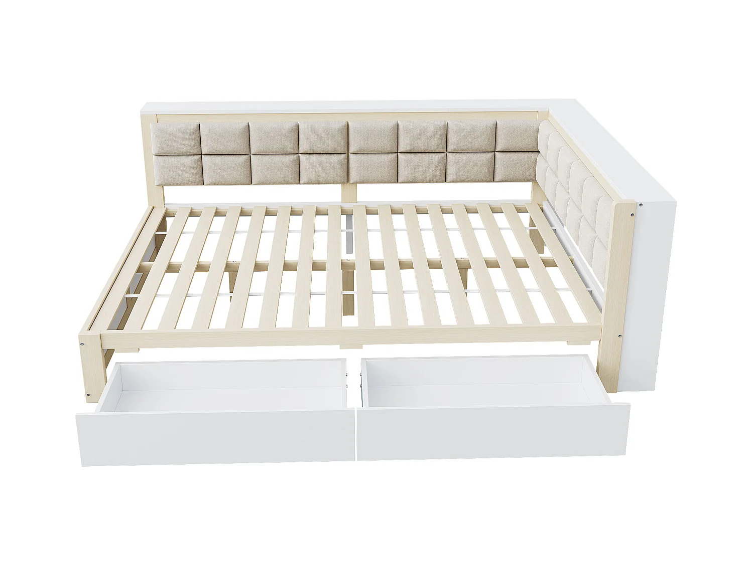 Canapé-lit 140x200 cm - avec dossier moelleux - avec 2 tiroirs - avec sommier à lattes - blanc + naturel (matelas non inclus)