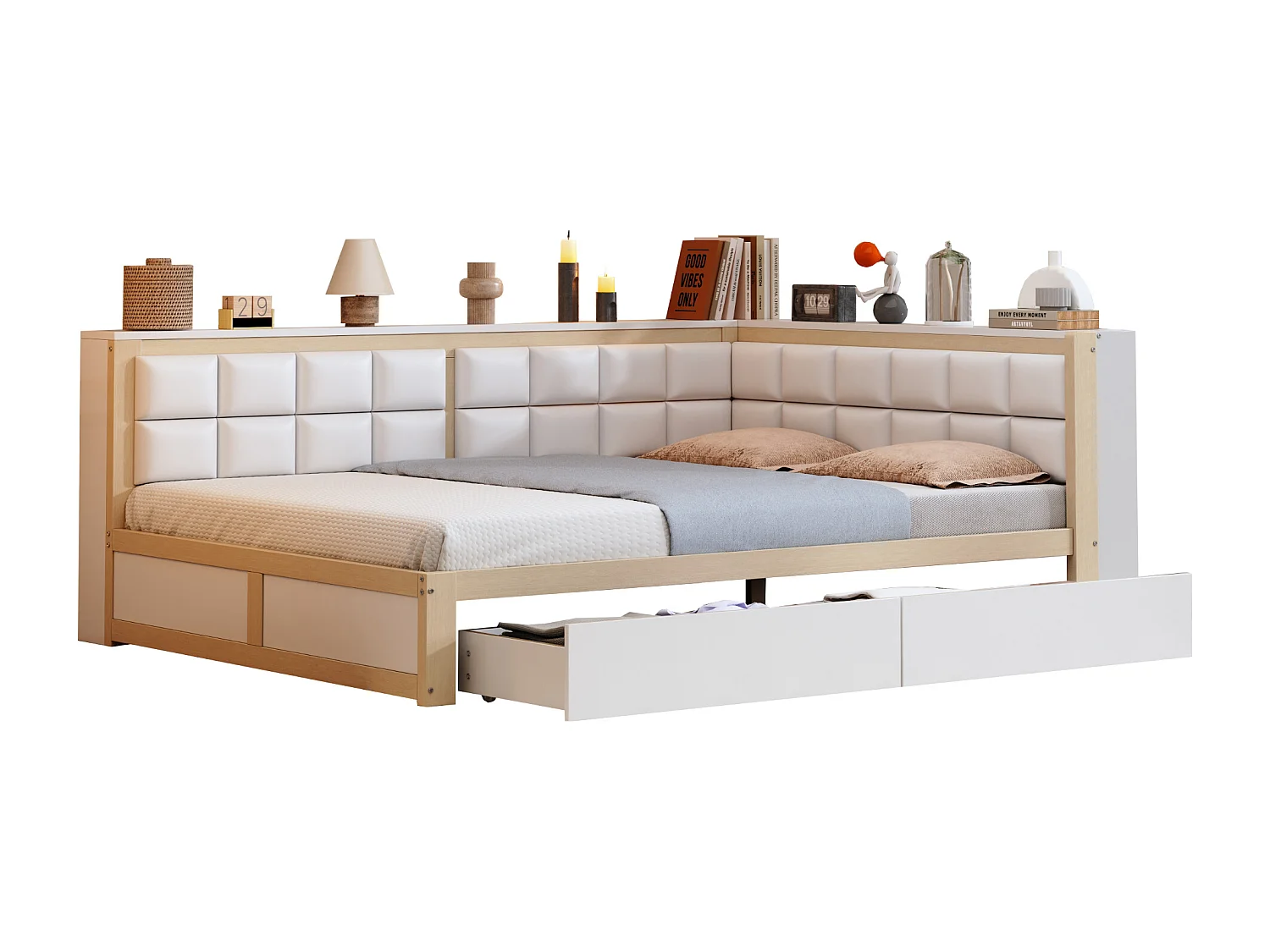 Canapé-lit 140x200 cm - avec dossier moelleux - avec 2 tiroirs - avec sommier à lattes - blanc + naturel (matelas non inclus)