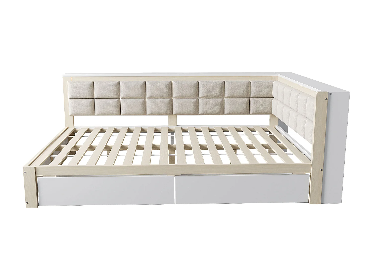 Canapé-lit 140x200 cm - avec dossier moelleux - avec 2 tiroirs - avec sommier à lattes - blanc + naturel (matelas non inclus)