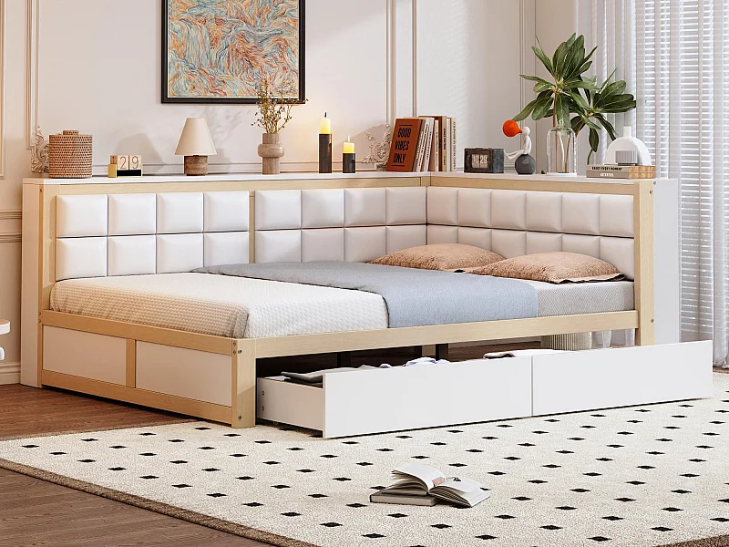 Canapé-lit 140x200 cm - avec dossier moelleux - avec 2 tiroirs - avec sommier à lattes - blanc + naturel (matelas non inclus)