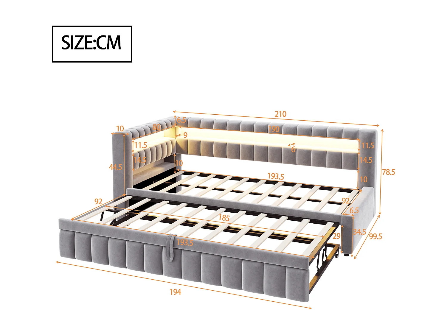 Kanapa rozkładana tapicerowana 90×200 cm - z oświetleniem LED - z portem ładowania USB - łóżko wysuwane - tkanina aksamitna - jasnoszara (materac nie jest zawarty)