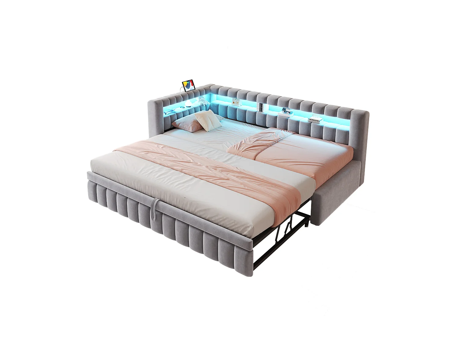 Kanapa rozkładana tapicerowana 90×200 cm - z oświetleniem LED - z portem ładowania USB - łóżko wysuwane - tkanina aksamitna - jasnoszara (materac nie jest zawarty)