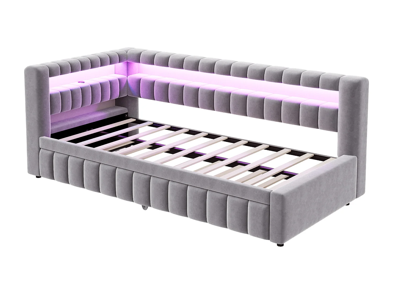 Kanapa rozkładana tapicerowana 90×200 cm - z oświetleniem LED - z portem ładowania USB - łóżko wysuwane - tkanina aksamitna - jasnoszara (materac nie jest zawarty)