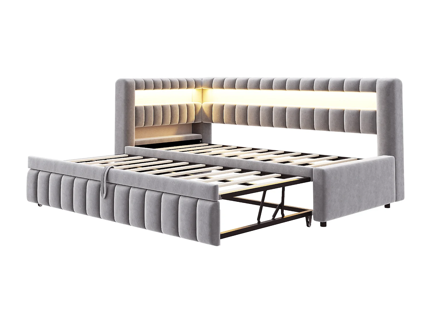 Kanapa rozkładana tapicerowana 90×200 cm - z oświetleniem LED - z portem ładowania USB - łóżko wysuwane - tkanina aksamitna - jasnoszara (materac nie jest zawarty)
