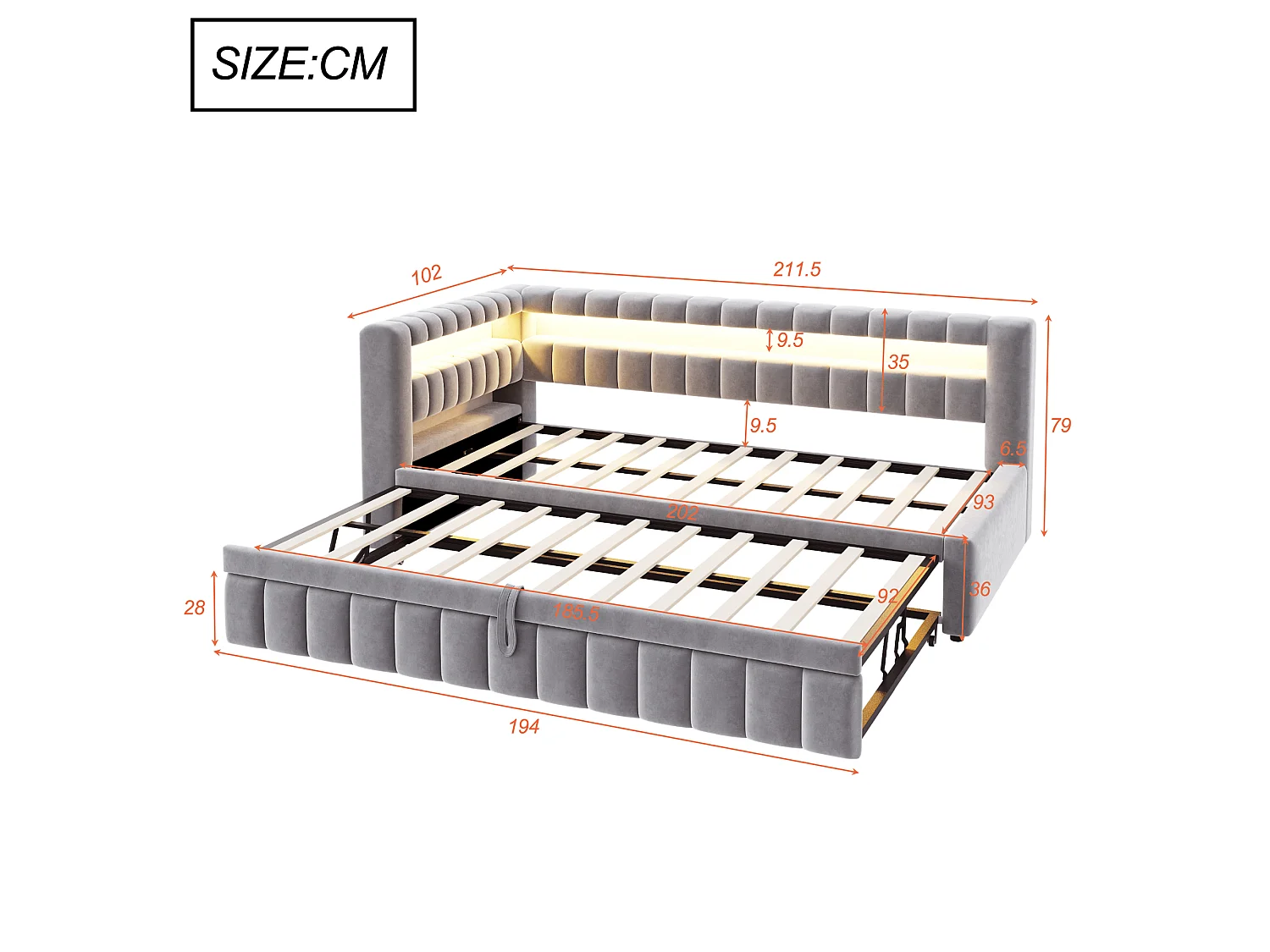 Kanapa rozkładana tapicerowana 90×200 cm - z oświetleniem LED - z portem ładowania USB - łóżko wysuwane - tkanina aksamitna - jasnoszara (materac nie jest zawarty)