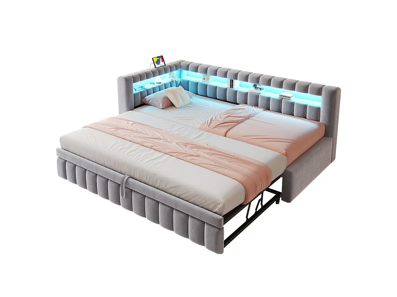 Kanapa rozkładana tapicerowana 90×200 cm - z oświetleniem LED - z portem ładowania USB - łóżko wysuwane - tkanina aksamitna - jasnoszara (materac nie jest zawarty)
