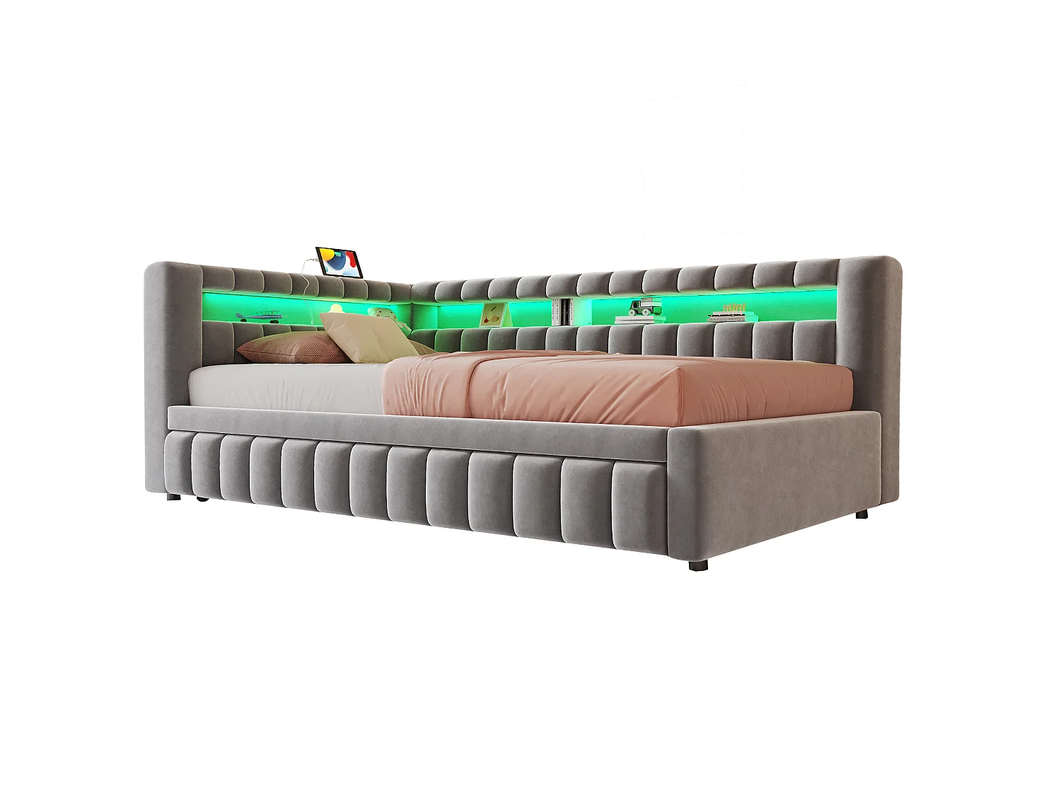 Kanapa rozkładana tapicerowana 90×200 cm - z oświetleniem LED - z portem ładowania USB - łóżko wysuwane - tkanina aksamitna - jasnoszara (materac nie jest zawarty)