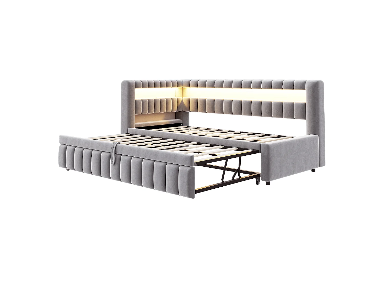 Kanapa rozkładana tapicerowana 90×200 cm - z oświetleniem LED - z portem ładowania USB - łóżko wysuwane - tkanina aksamitna - jasnoszara (materac nie jest zawarty)