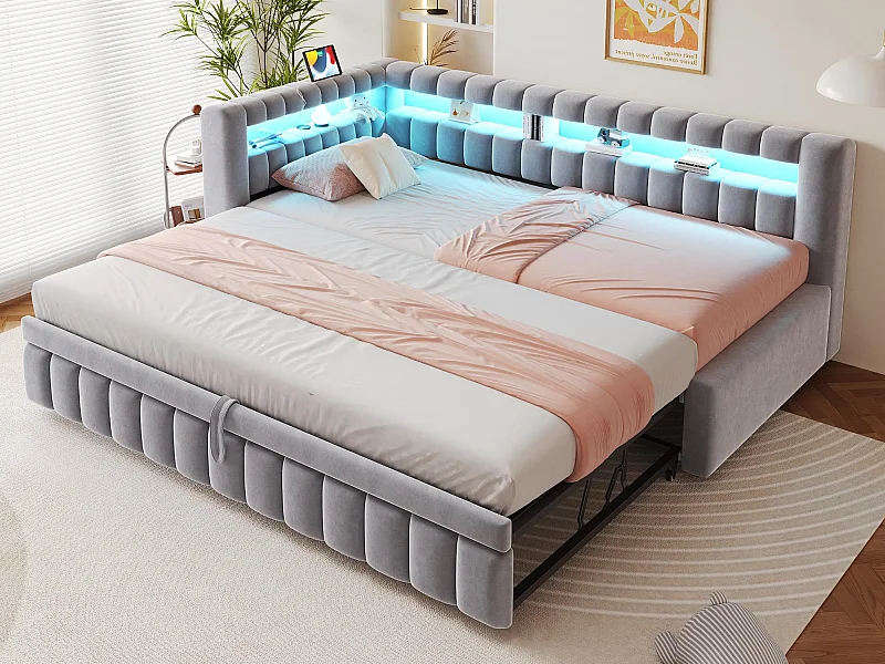 Kanapa rozkładana tapicerowana 90×200 cm - z oświetleniem LED - z portem ładowania USB - łóżko wysuwane - tkanina aksamitna - jasnoszara (materac nie jest zawarty)