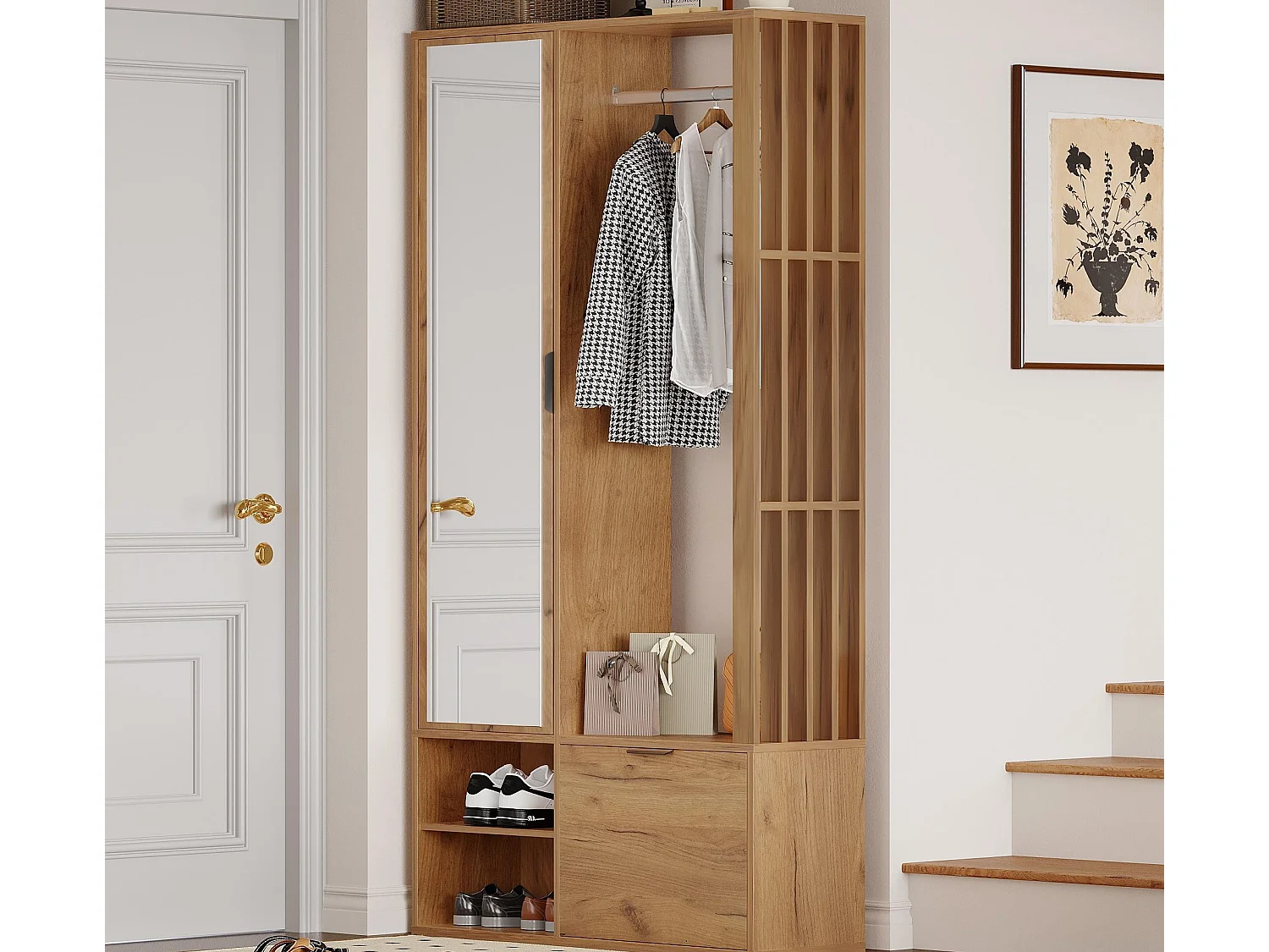 Ensemble vestiaire d'entrée 100x33x190cm - avec meuble à chaussures - avec miroir - 2 portes - panneaux de particules - naturel