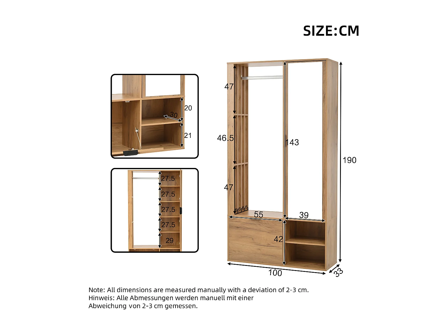 Eingangsgarderobenset 100×33×190 cm - mit Schuhschrank - mit Spiegel - 2 Türen - Spanplatte - natur