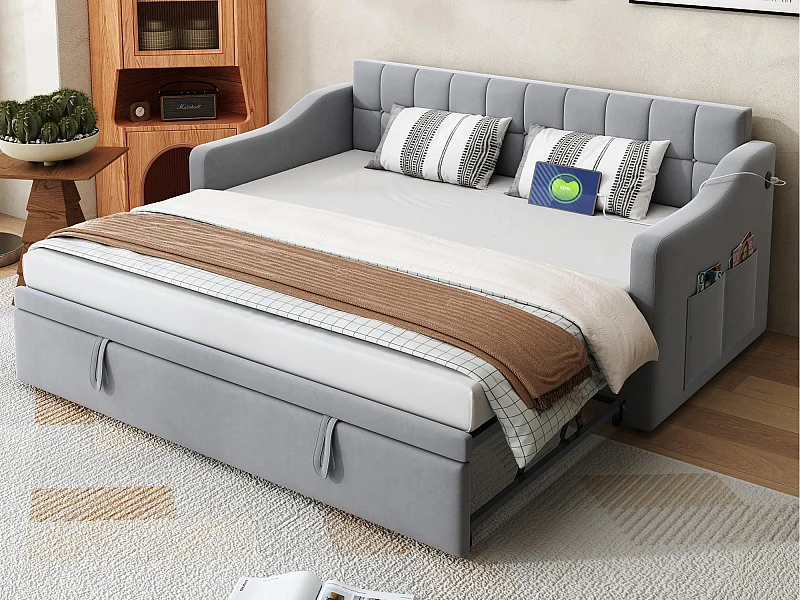 Canapé-lit capitonné 90/180x190 cm - velours - avec prise de courant - poche de rangement - Gris clair (matelas non inclus)