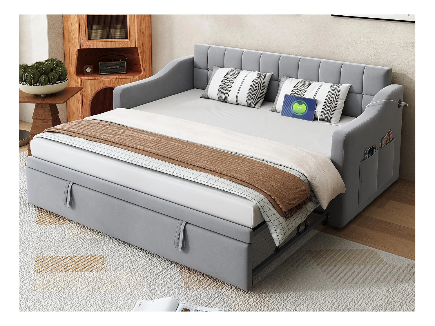 Canapé-lit capitonné 90/180x190 cm - velours - avec prise de courant - poche de rangement - Gris clair (matelas non inclus)