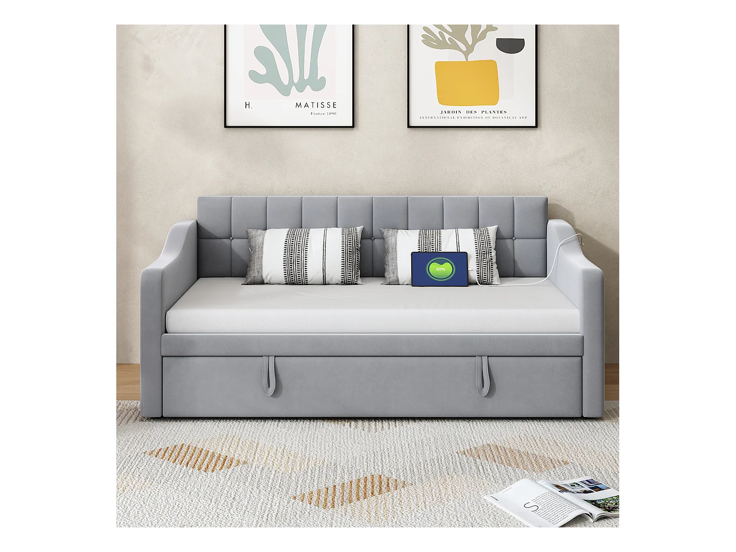 Canapé-lit capitonné 90/180x190 cm - velours - avec prise de courant - poche de rangement - Gris clair (matelas non inclus)
