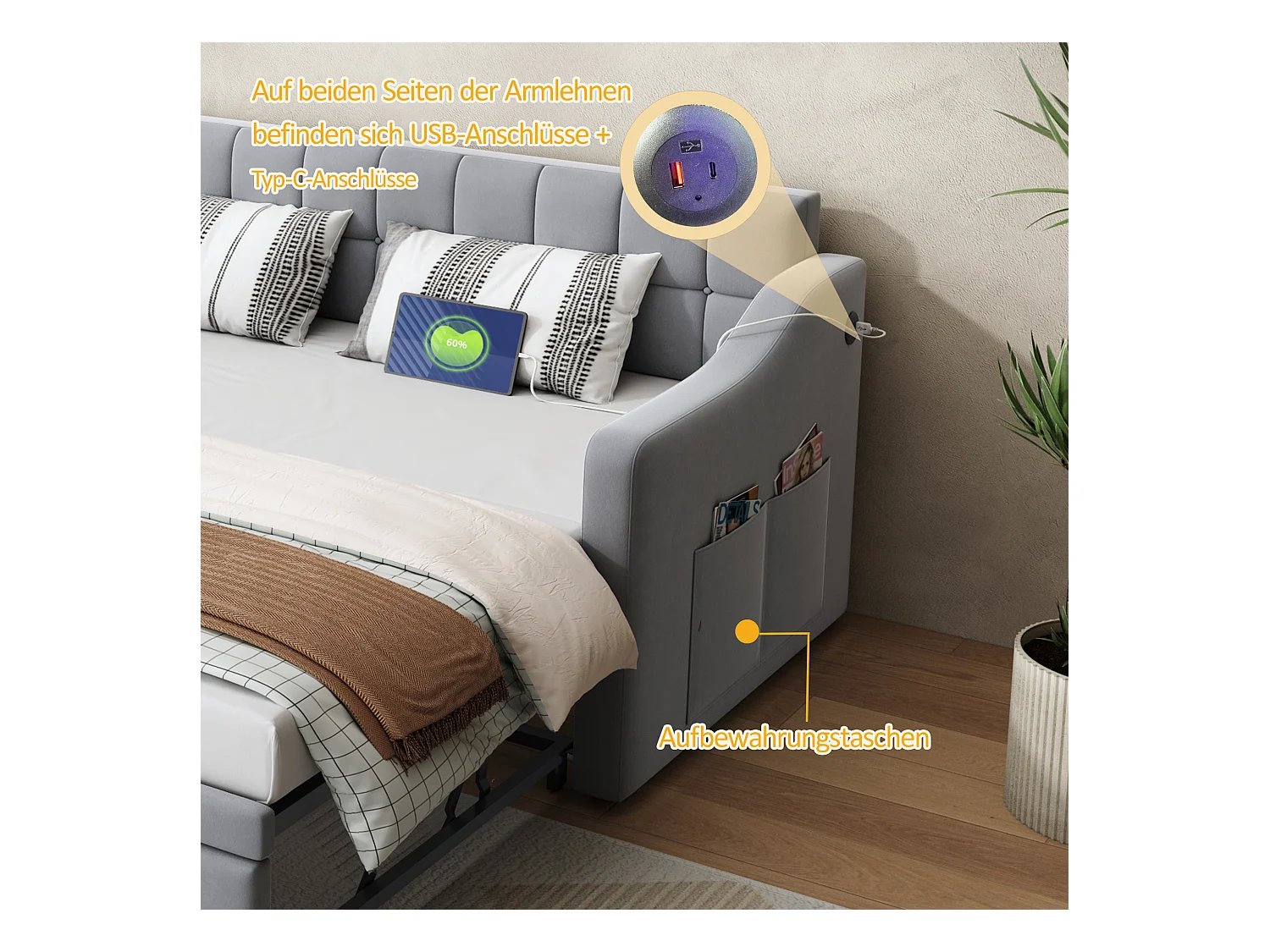 Canapé-lit capitonné 90/180x190 cm - velours - avec prise de courant - poche de rangement - Gris clair (matelas non inclus)