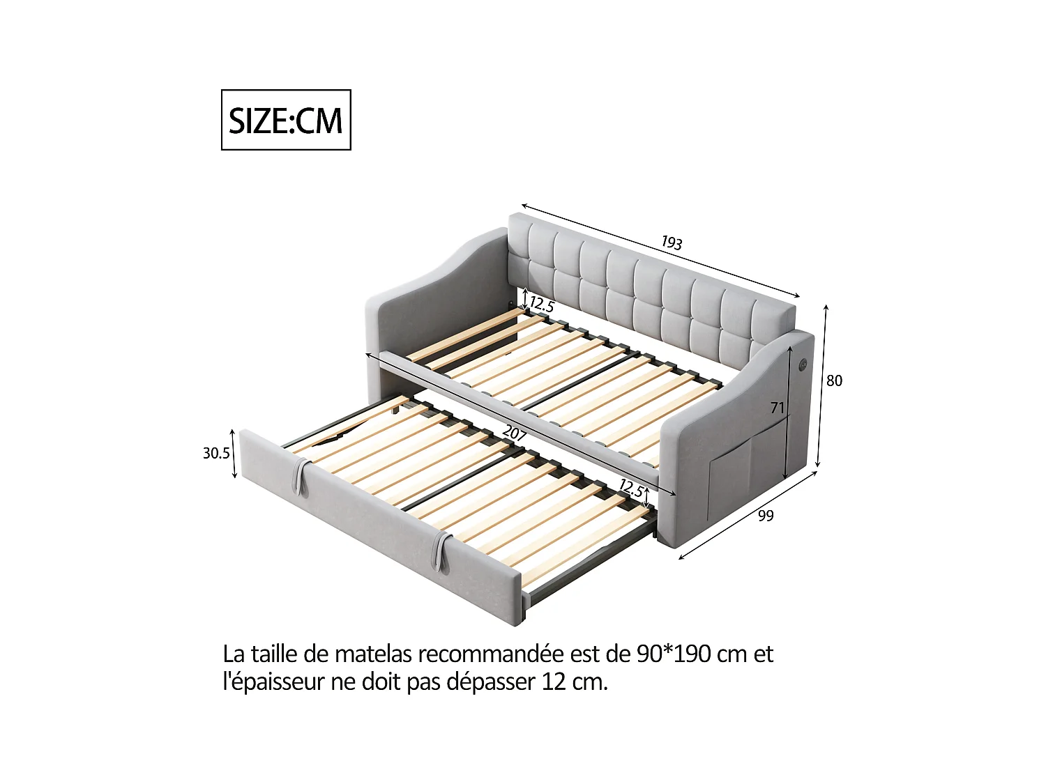Canapé-lit capitonné 90/180x190 cm - velours - avec prise de courant - poche de rangement - Gris clair (matelas non inclus)