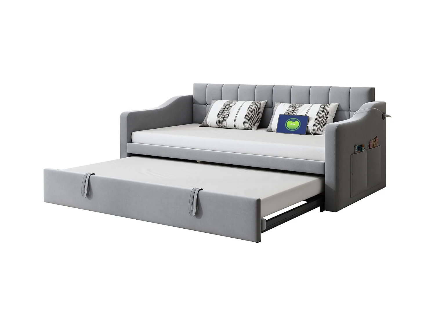 Canapé-lit capitonné 90/180x190 cm - velours - avec prise de courant - poche de rangement - Gris clair (matelas non inclus)