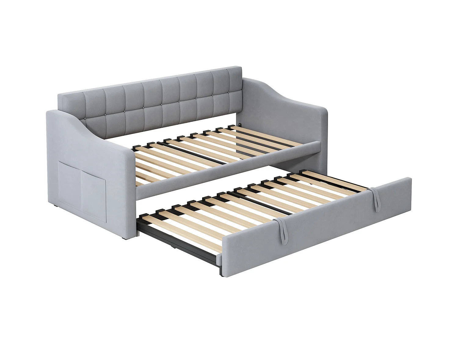 Canapé-lit capitonné 90/180x190 cm - velours - avec prise de courant - poche de rangement - Gris clair (matelas non inclus)