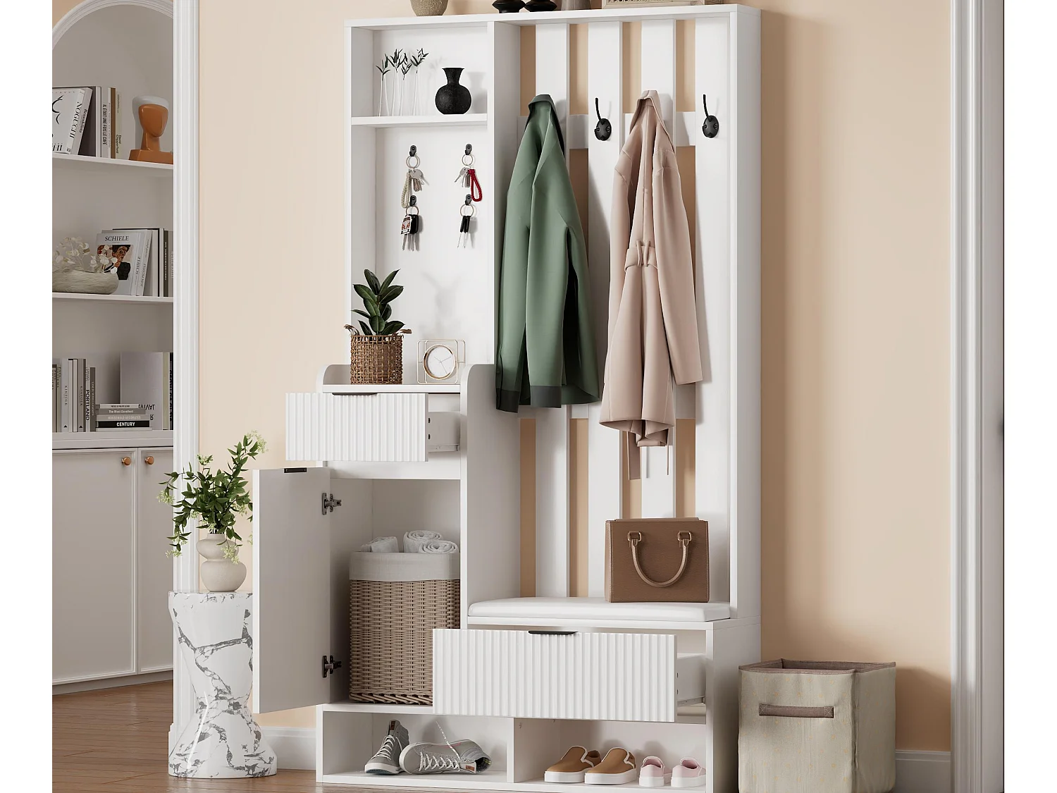 Vestiaire 6 en 1 100x30x180 cm avec 8 crochets et banc à chaussures - avec 2 tiroirs et 1 porte - avec meuble à chaussures - Blanc