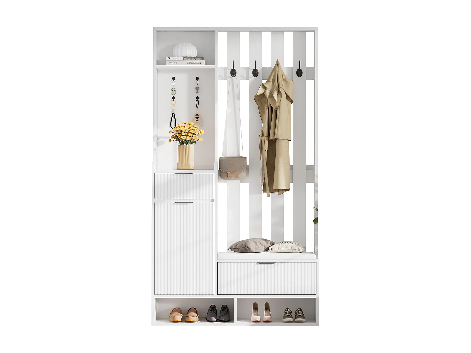 Vestiaire 6 en 1 100x30x180 cm avec 8 crochets et banc à chaussures - avec 2 tiroirs et 1 porte - avec meuble à chaussures - Blanc