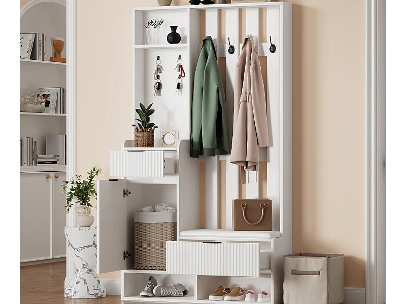 Vestiaire 6 en 1 100x30x180 cm avec 8 crochets et banc à chaussures - avec 2 tiroirs et 1 porte - avec meuble à chaussures - Blanc