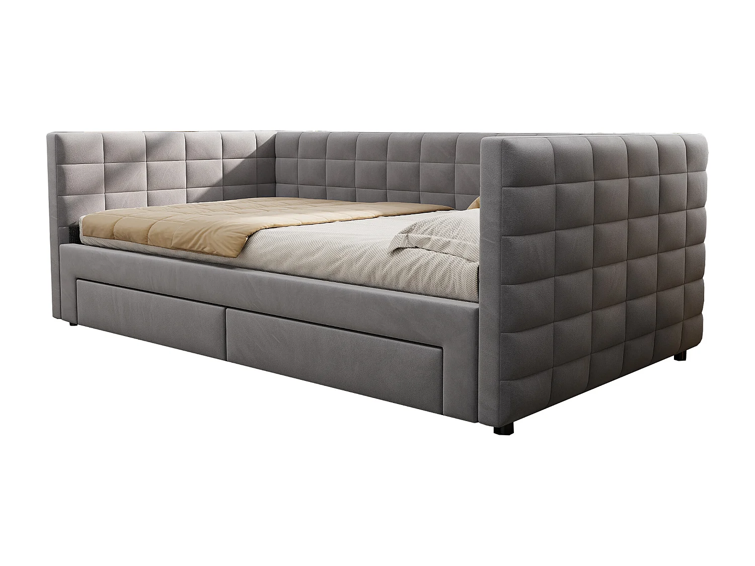 Canapé-lit rembourré 90x190 cm - avec 2 tiroirs - avec sommier à lattes - gris (matelas non inclus)