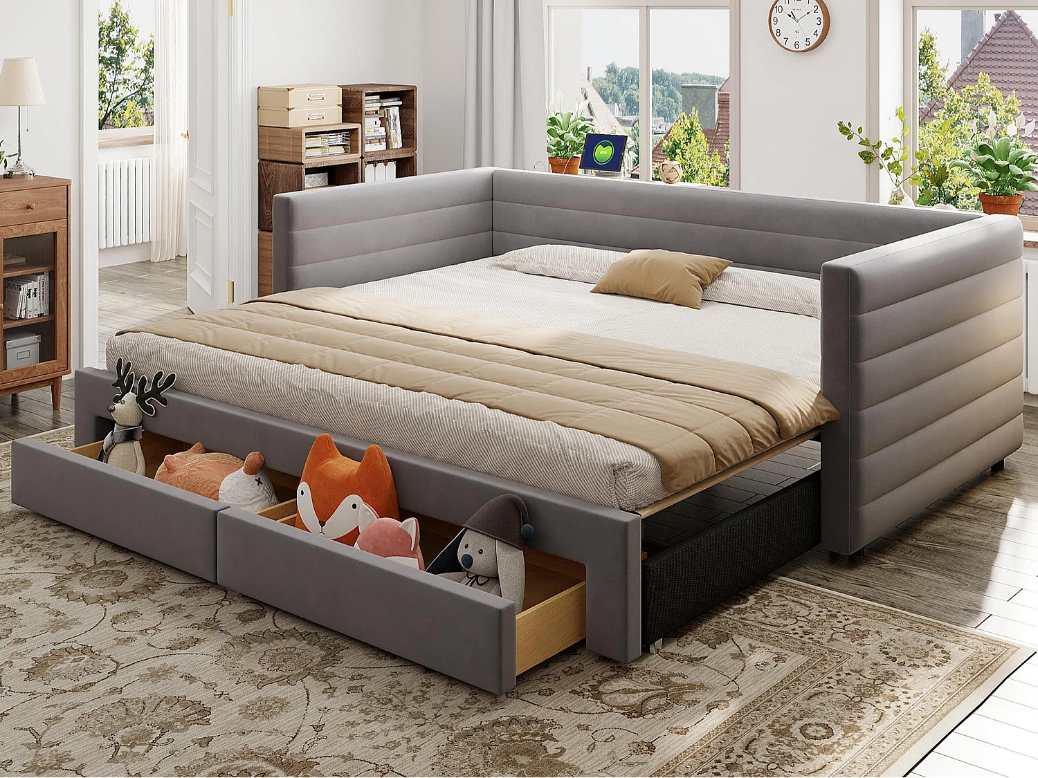 Canapé-lit rembourré 90x190 cm - avec 2 tiroirs - avec sommier à lattes - gris (matelas non inclus)