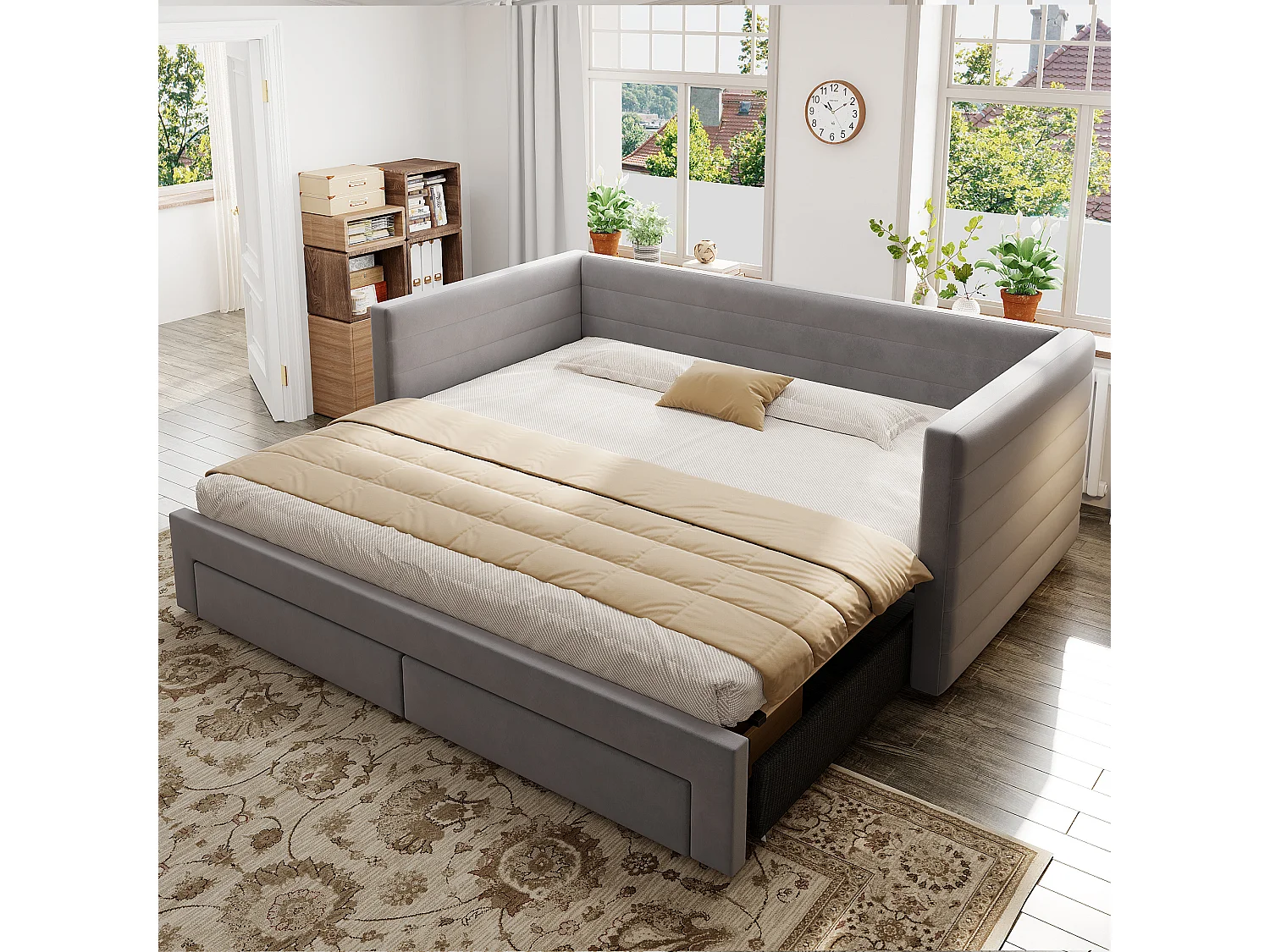 Canapé-lit rembourré 90x190 cm - avec 2 tiroirs - avec sommier à lattes - gris (matelas non inclus)