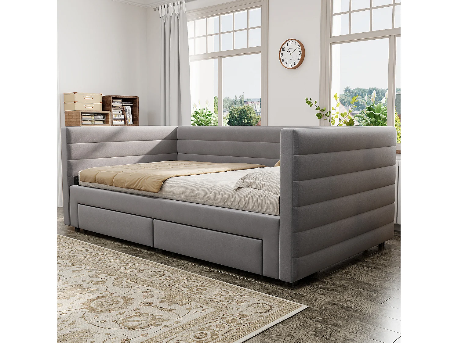 Canapé-lit rembourré 90x190 cm - avec 2 tiroirs - avec sommier à lattes - gris (matelas non inclus)