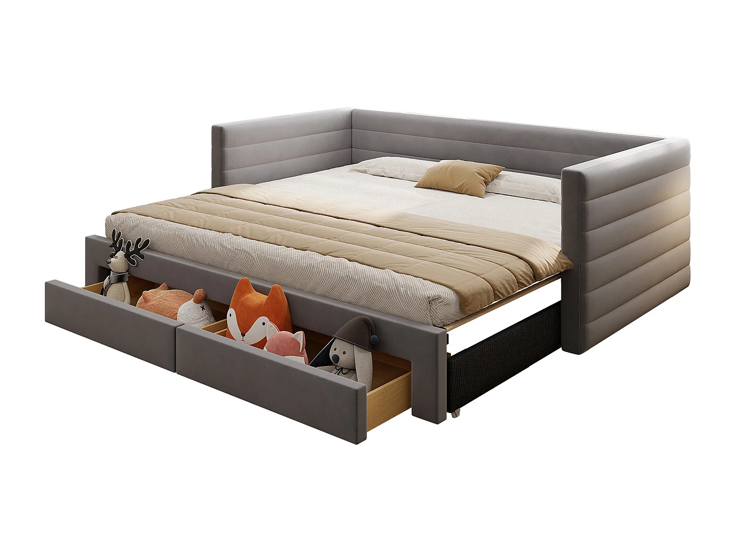 Canapé-lit rembourré 90x190 cm - avec 2 tiroirs - avec sommier à lattes - gris (matelas non inclus)