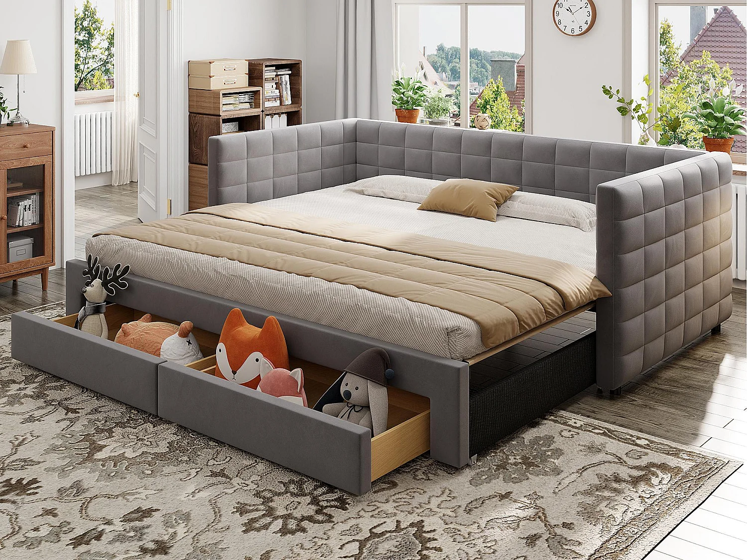 Schlafsofa mit Polsterung 90×190 cm - mit 2 Schubladen - mit Lattenrost - grau (Matratze nicht inbegriffen)