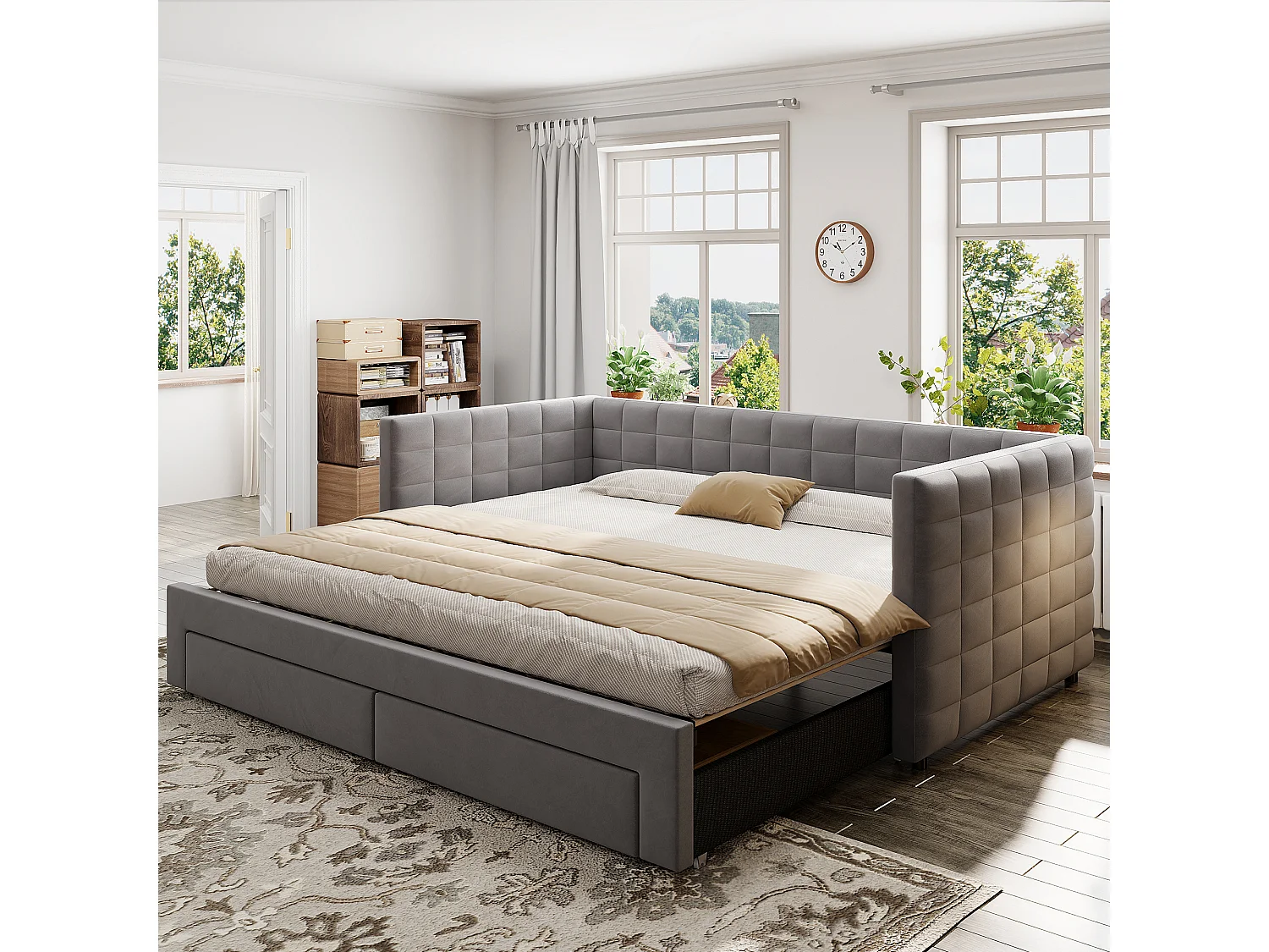 Schlafsofa mit Polsterung 90×190 cm - mit 2 Schubladen - mit Lattenrost - grau (Matratze nicht inbegriffen)